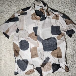 Zara Black and Brown Casual Button Down Shirt with Geometric Pattern